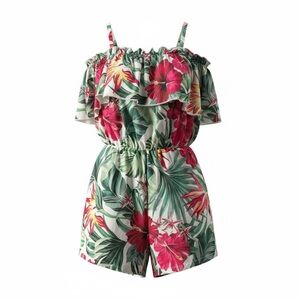 Girls Floral Green and Pink Off-Shoulder Romper